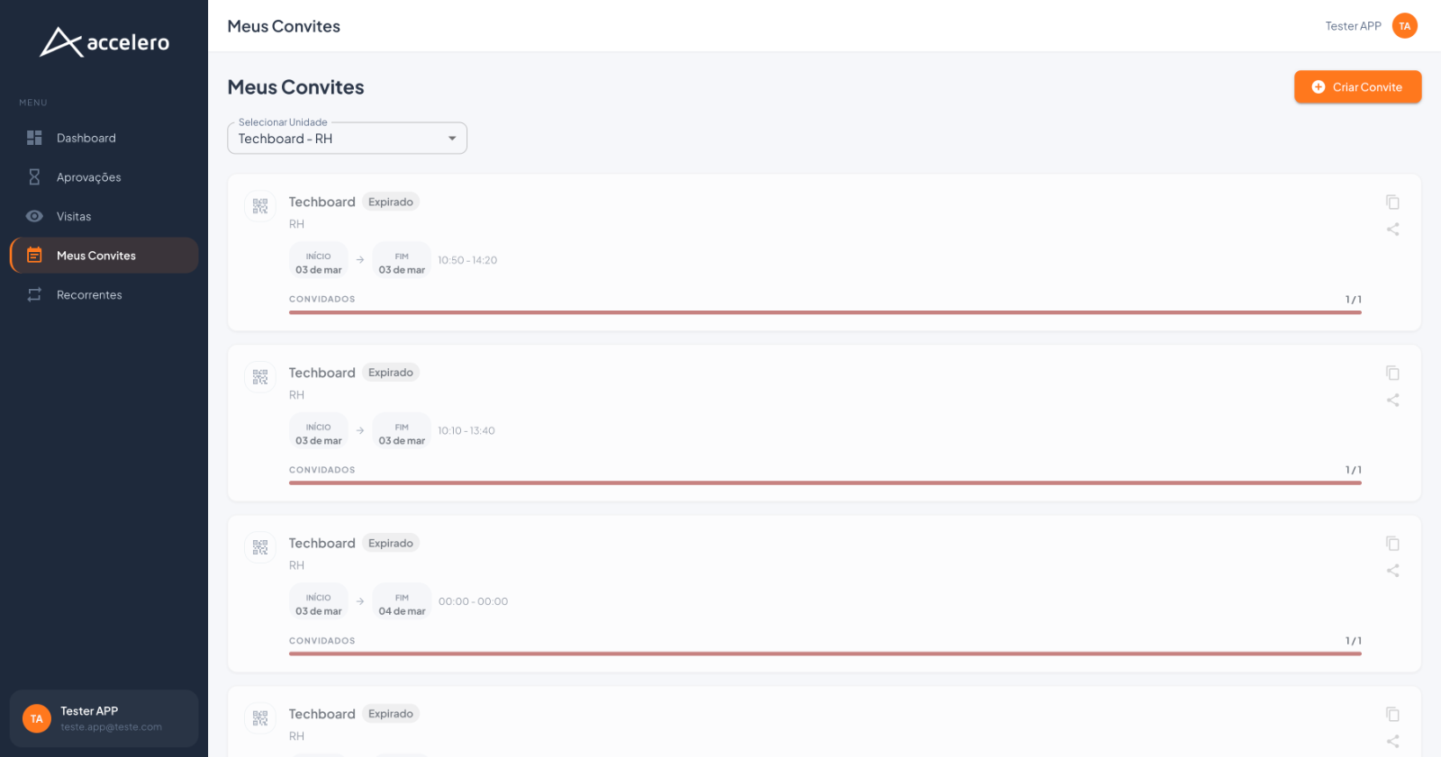 No painel web, a mesma lista traz datas, horários, QR Code e o comparecimento de cada convite.