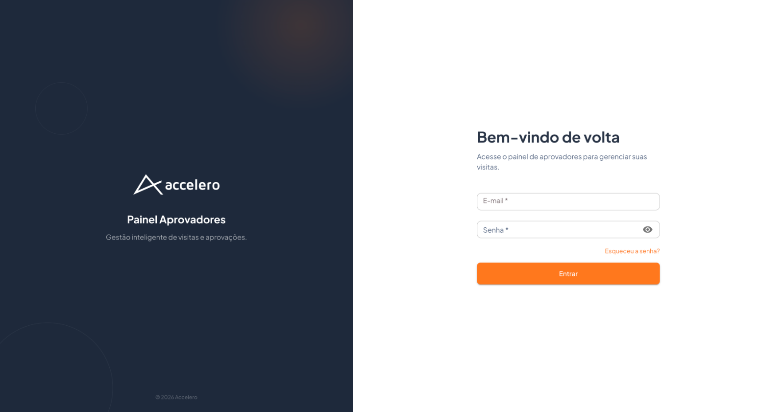 No painel web, o mesmo login abre a área de gestão de visitas e aprovações.