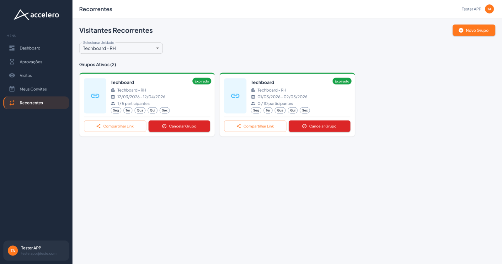 No painel web, os grupos ativos aparecem lado a lado com os dias da semana em chips.