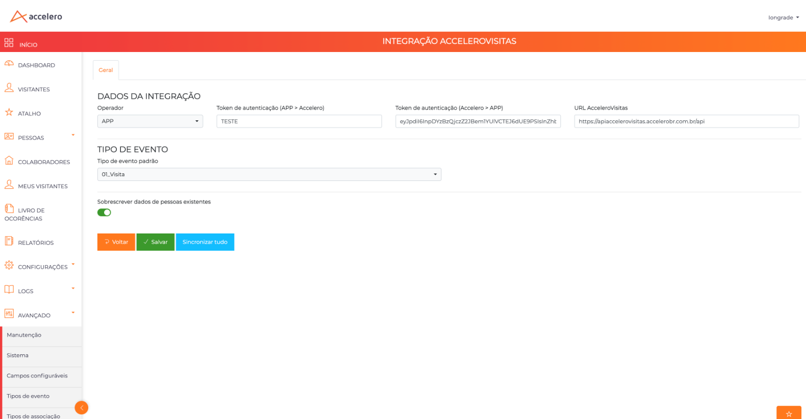 No Accelero, a tela Integração AcceleroVisitas concentra a configuração do lado do controle de acesso: tokens dos dois sentidos, URL e tipo de evento.