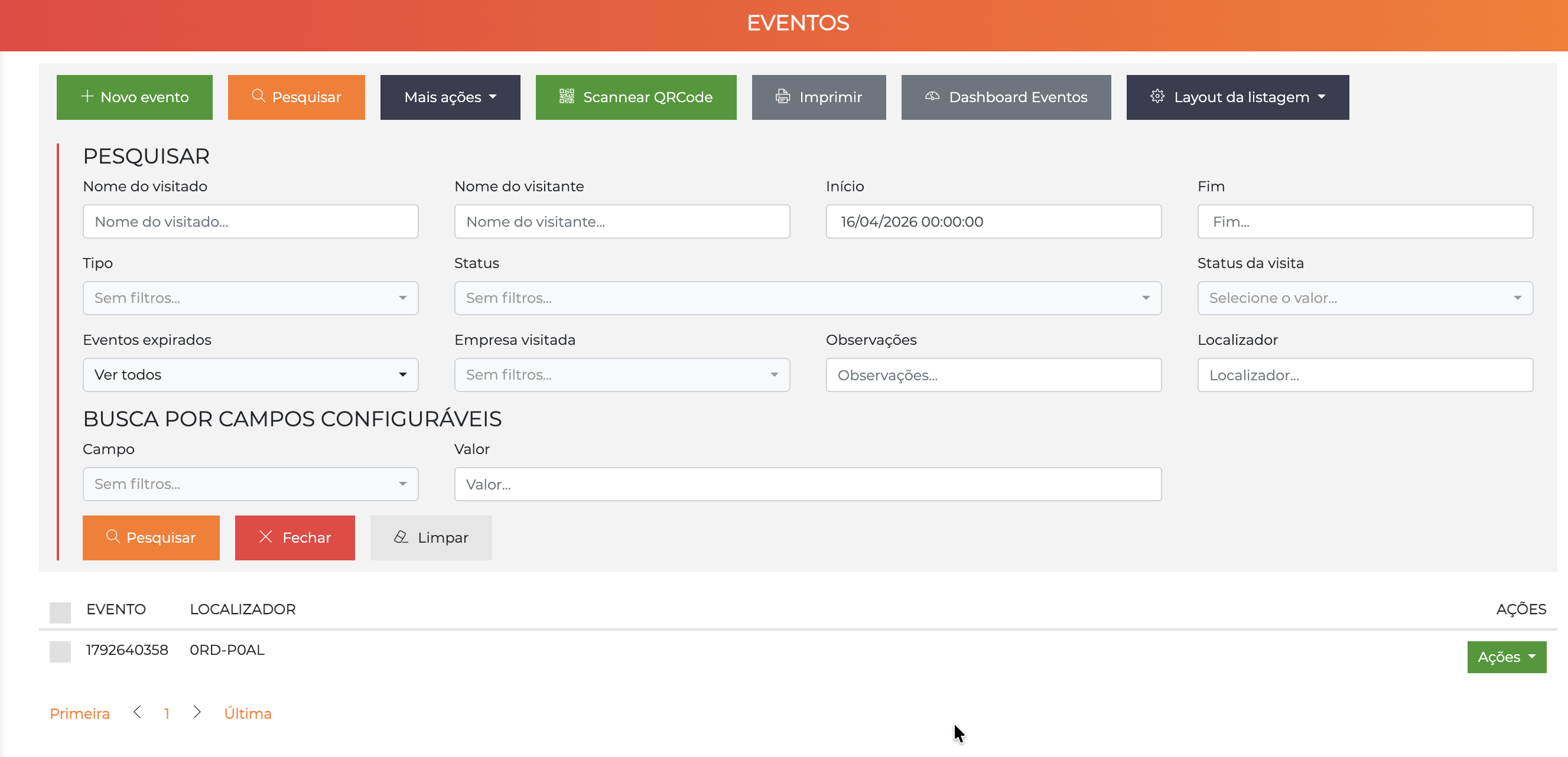 Tela de eventos