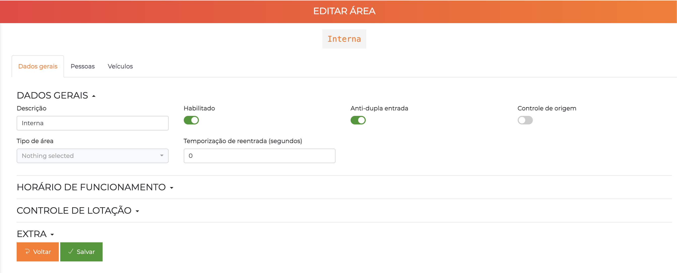 Tela de edição de área - aba Dados Gerais