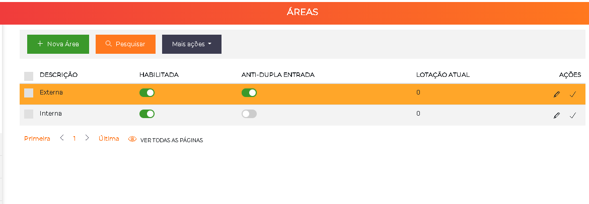 Lista de áreas com Anti-dupla entrada ativada
