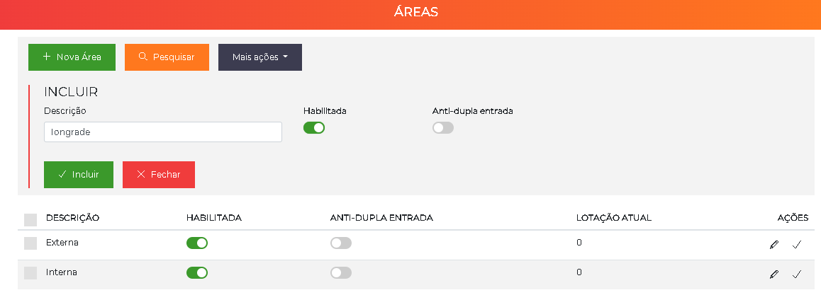 Formulário de inclusão de área