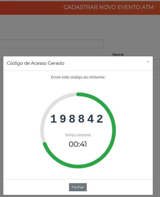 Modal Código de Acesso Gerado, com o código de 6 dígitos, o anel de progresso e o tempo restante