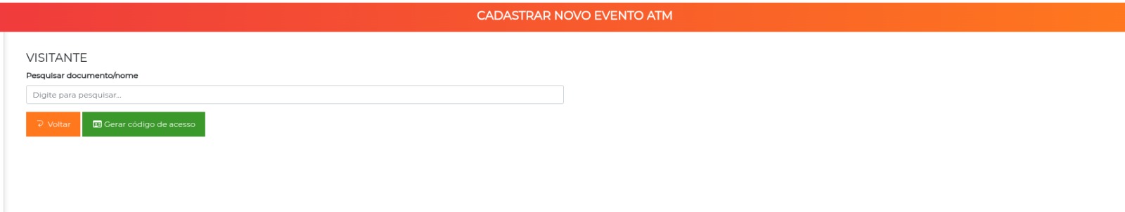 Tela Cadastrar Novo Evento ATM, com o campo de busca de visitante e o botão Gerar código de acesso