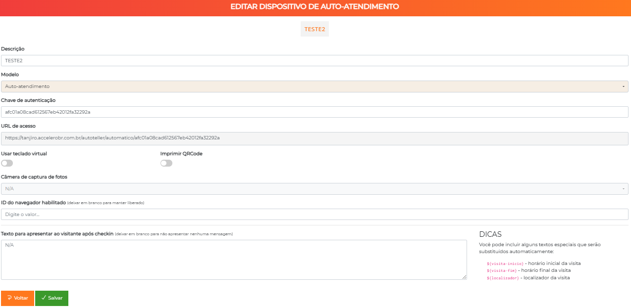 Tela de edição do dispositivo de auto-atendimento