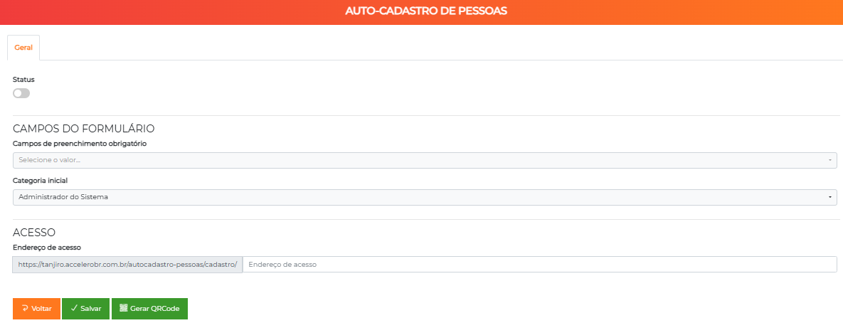 Tela de configuração do auto-cadastro de pessoas, aba Geral