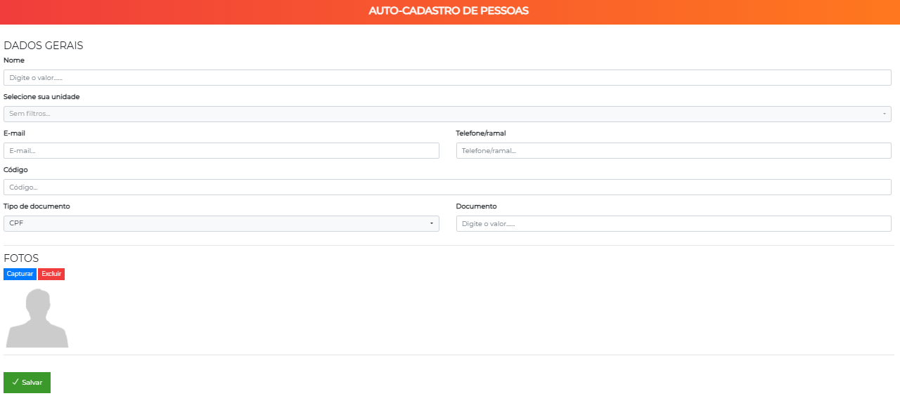 Formulário público de auto-cadastro de pessoas, com os dados cadastrais e a área de captura de foto
