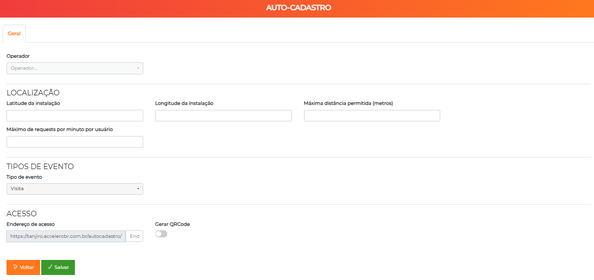 Tela de configuração do auto-cadastro de visitantes, aba Geral, com as seções Localização, Tipos de evento e Acesso