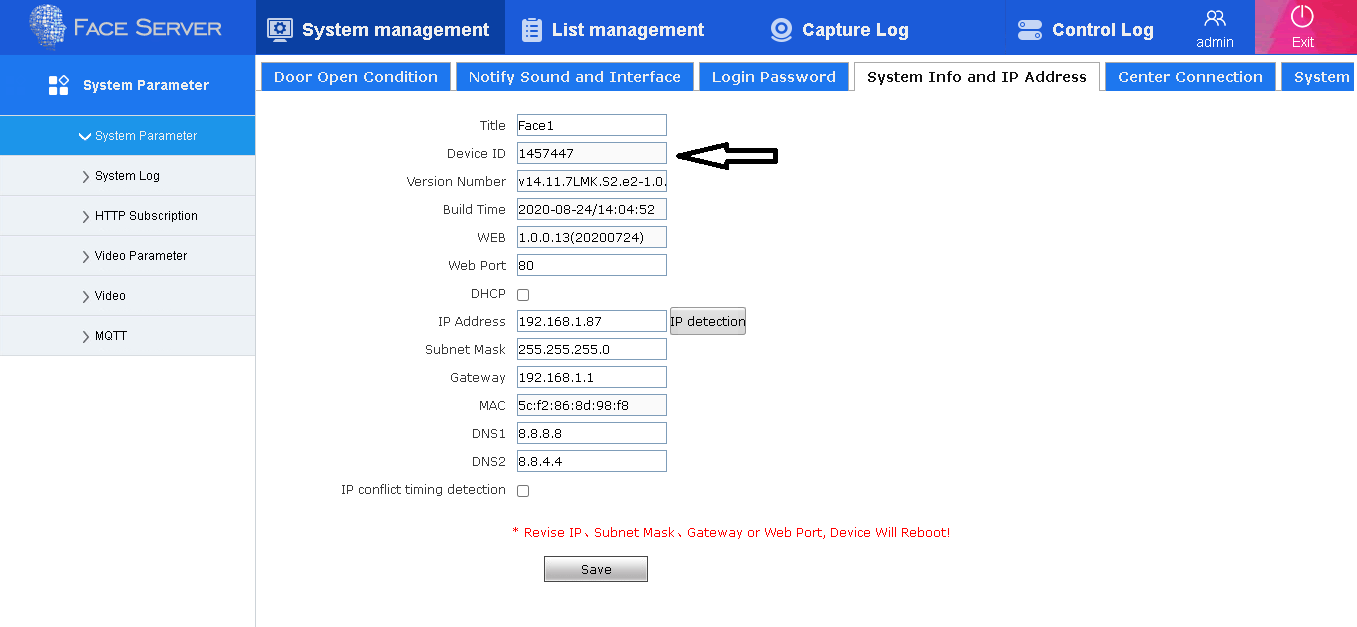 Tela System Info and IP Address do leitor Beward
