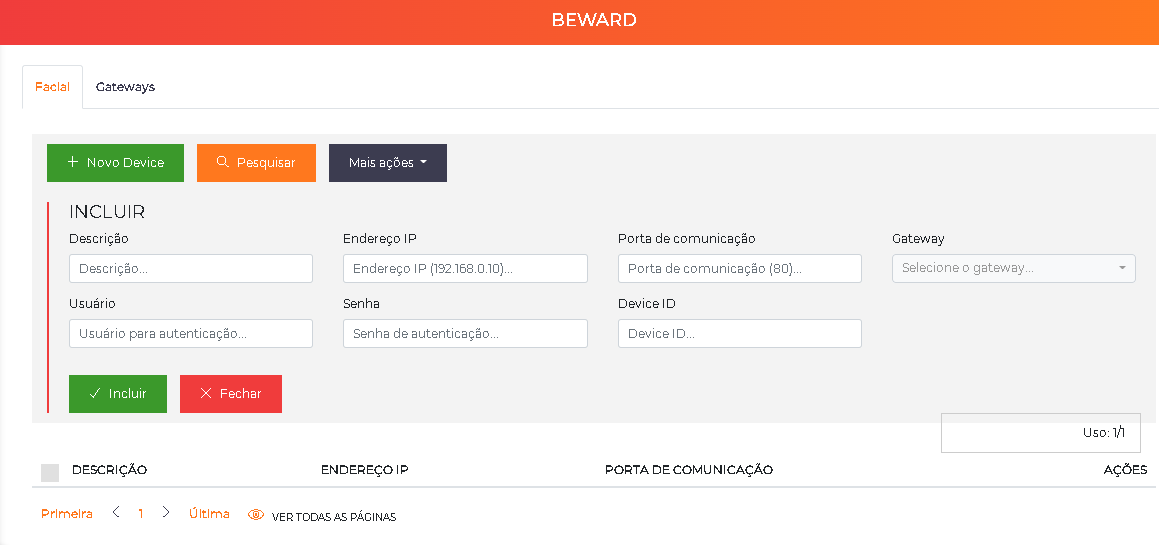 Inclusão de dispositivo facial Beward