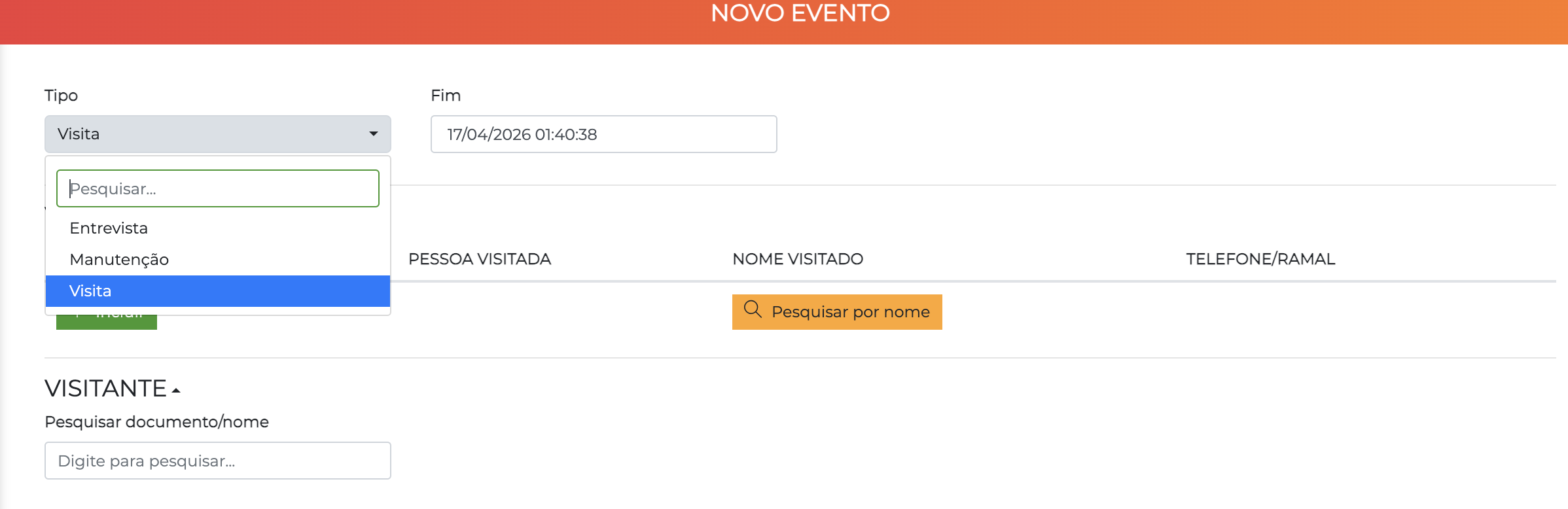 Seleção de tipo de evento
