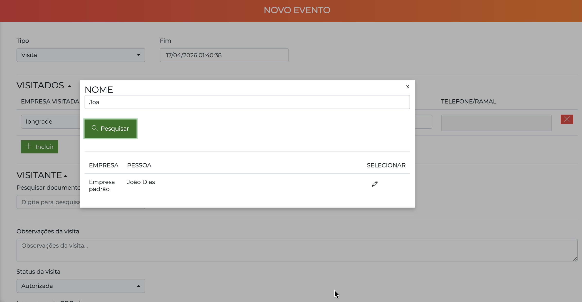Popup de busca por nome de visitado