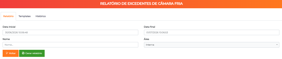 Filtros do relatório de excedentes de câmara fria