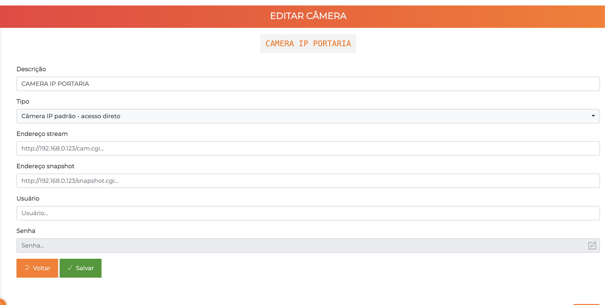 Tela de edição de câmera