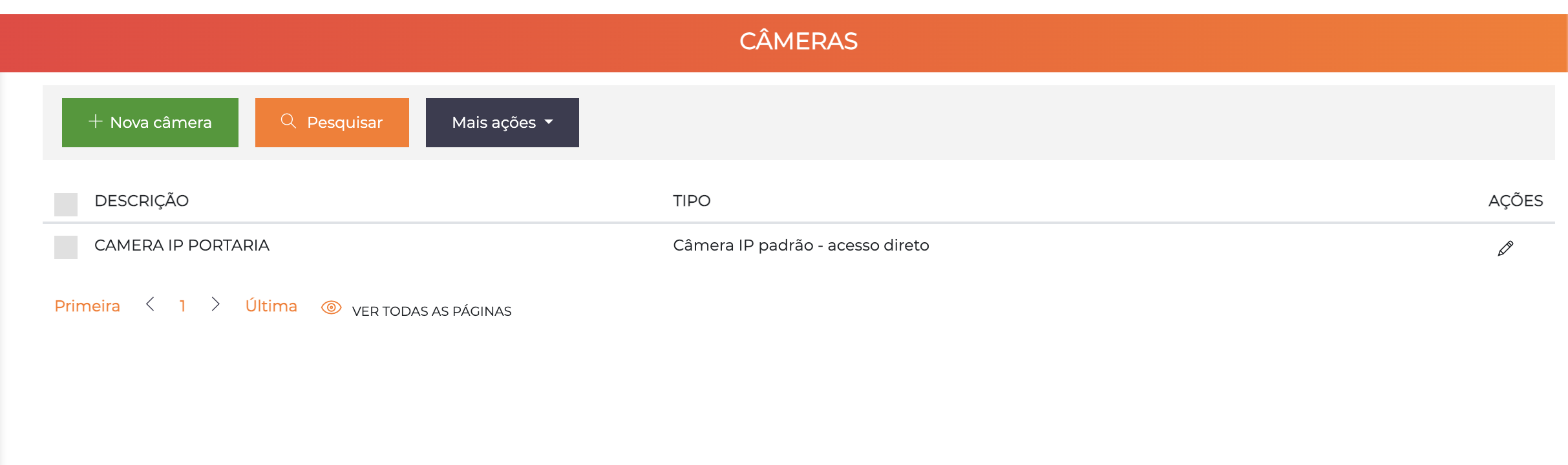 Tela de listagem de câmeras