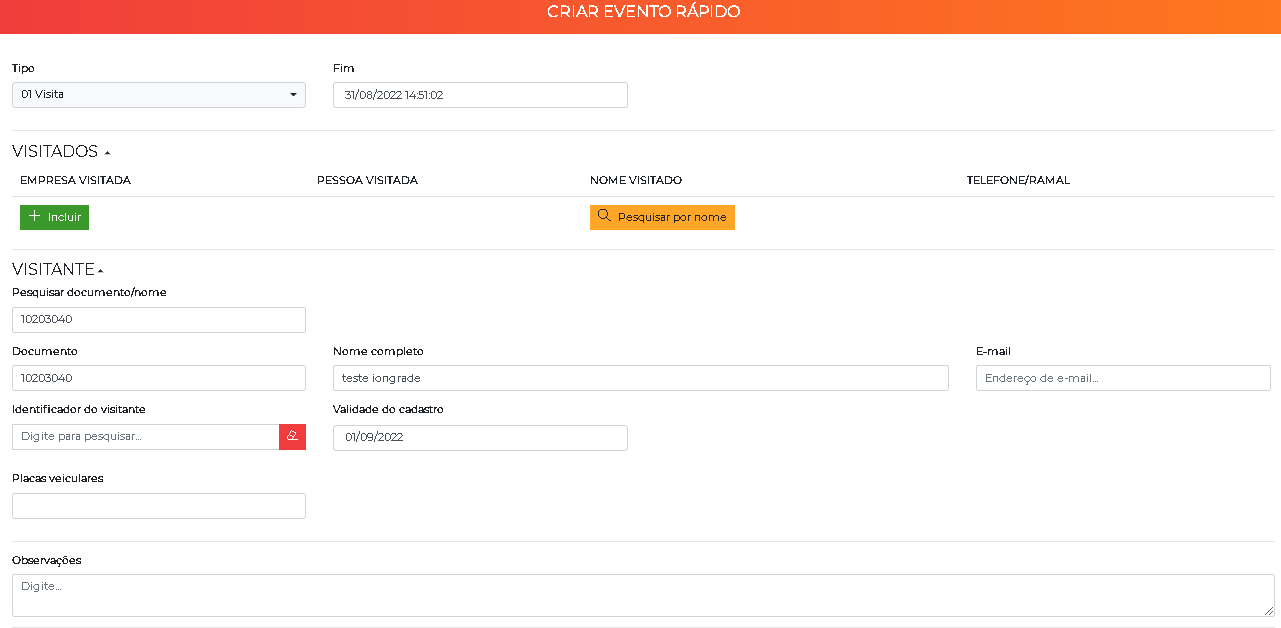 Cadastro rápido com o campo configurável de placas veiculares