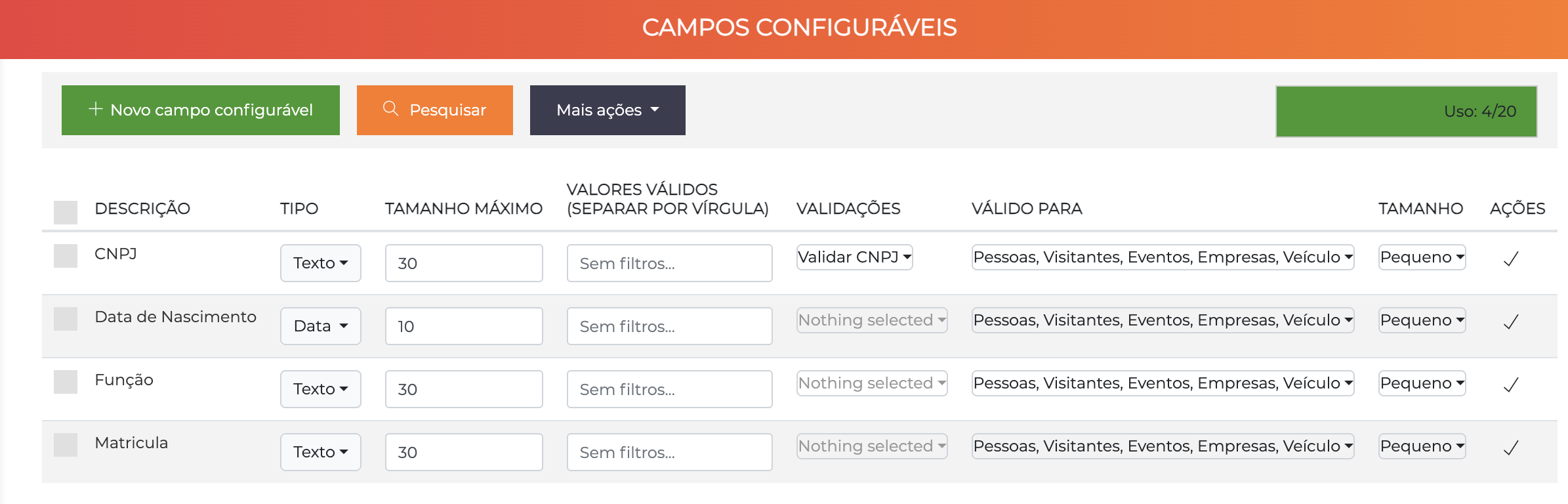 Tela de listagem de campos configuráveis