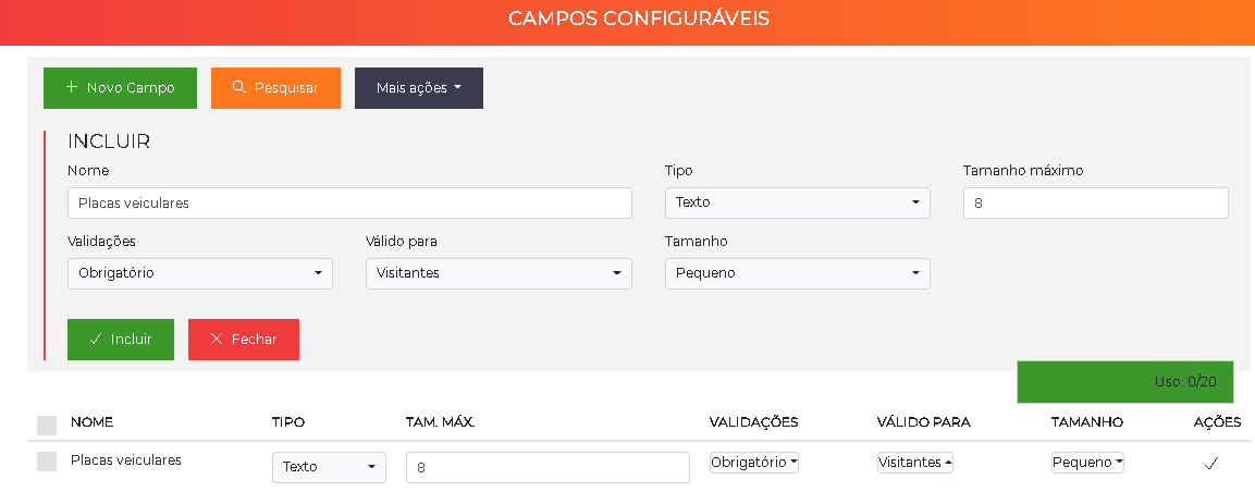 Formulário de inclusão de novo campo configurável
