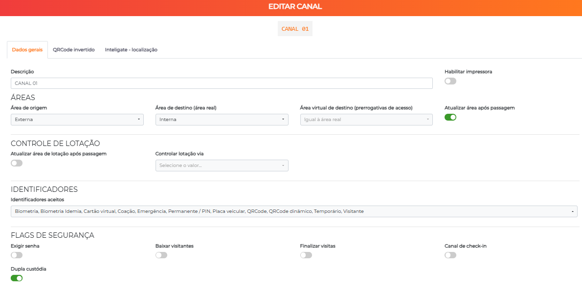 Configuração de canal com Dupla custódia ativada