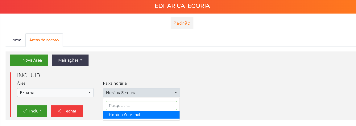 Inclusão de área de acesso com faixa horária na categoria