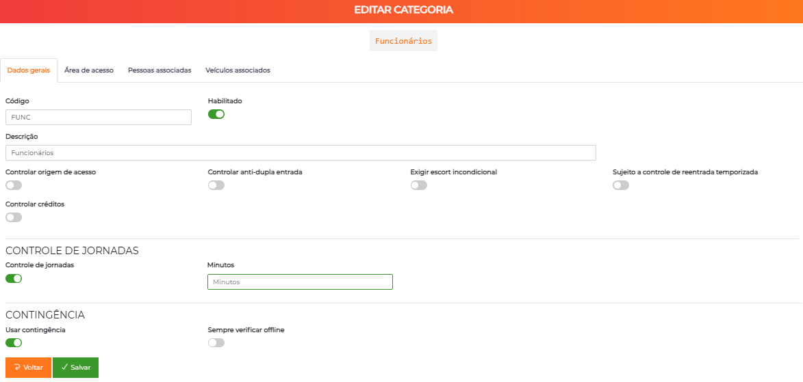 Seção Controle de jornadas na edição da categoria, com o interruptor e o campo Minutos