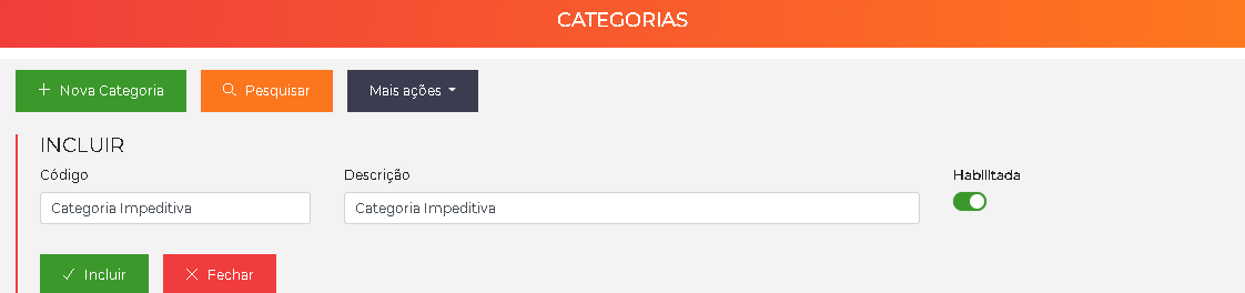 Formulário de inclusão de categoria
