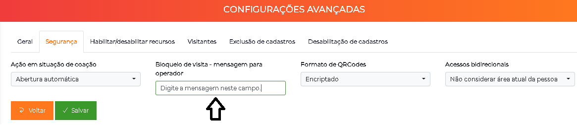 Mensagem de bloqueio ao operador em Segurança