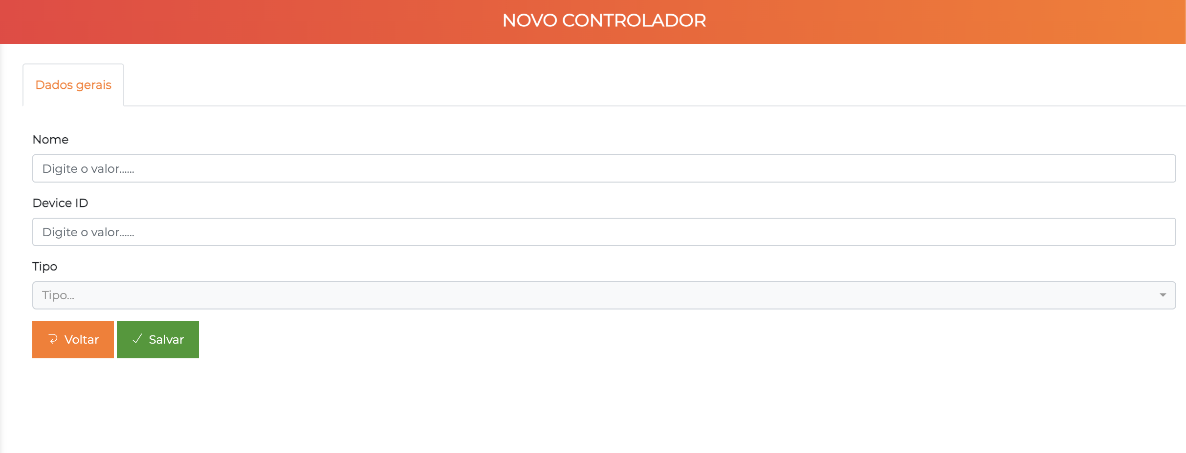 Tela de criação de controlador