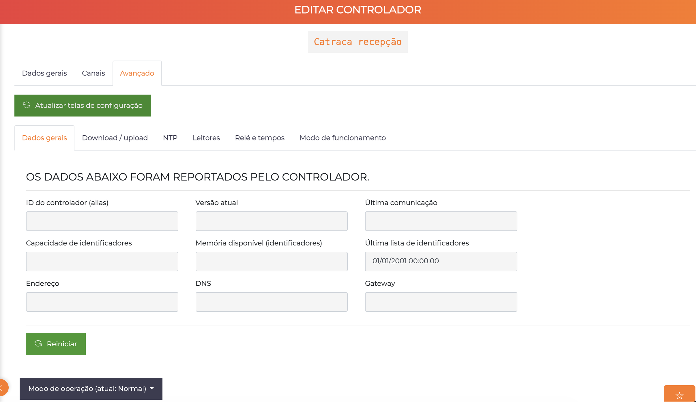 Tela de edição de controlador - aba Avançado