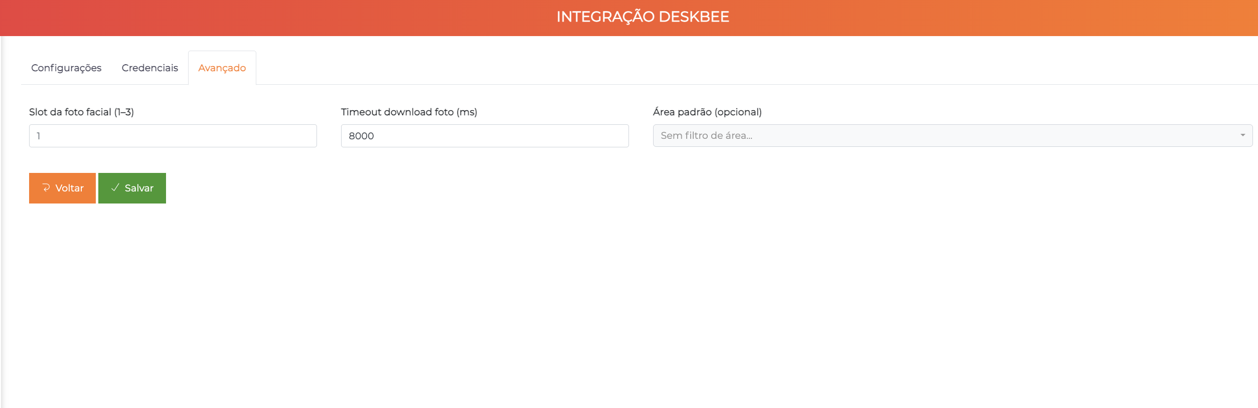 Aba Avançado da integração Deskbee