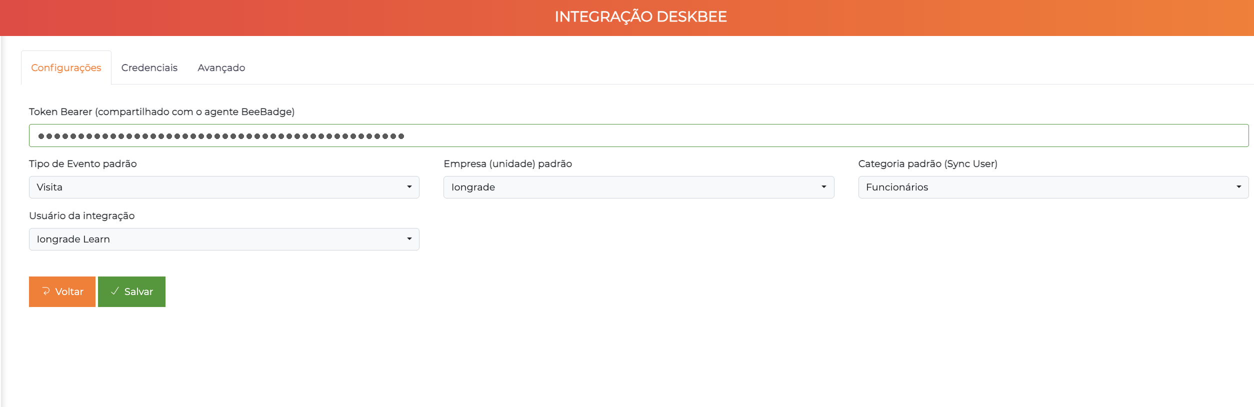 Aba Configurações da integração Deskbee