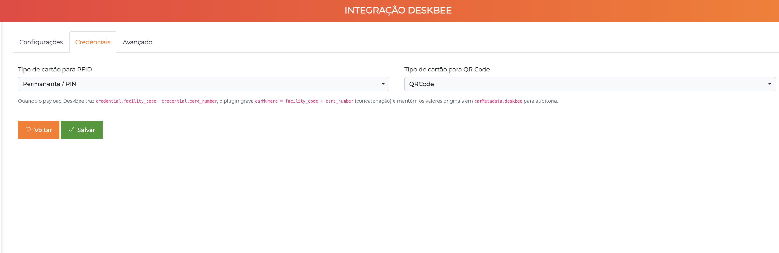 Aba Credenciais da integração Deskbee