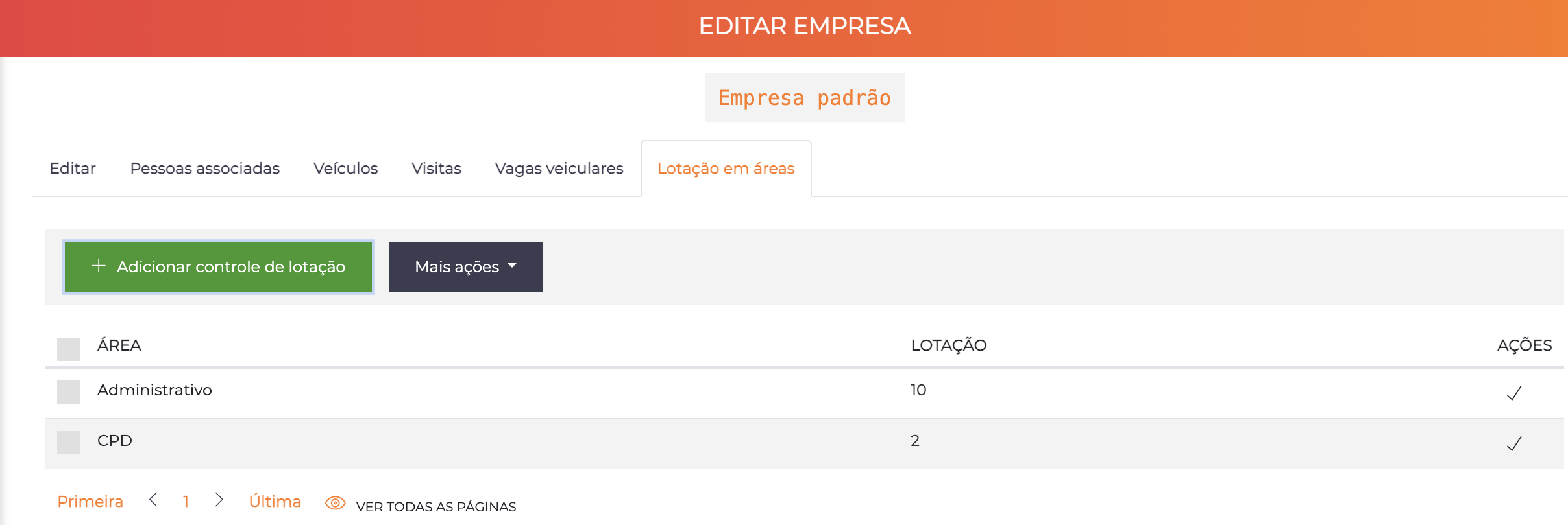 Tela de edição de empresa - aba Lotação em Áreas