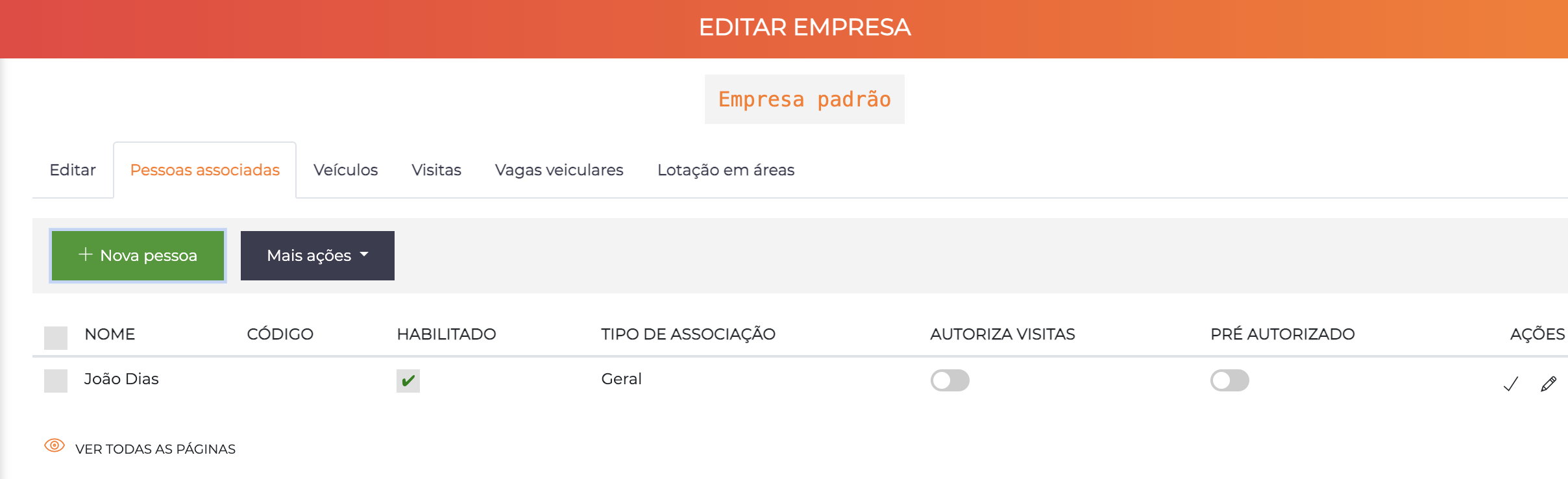 Tela de edição de empresa - aba Pessoas Associadas