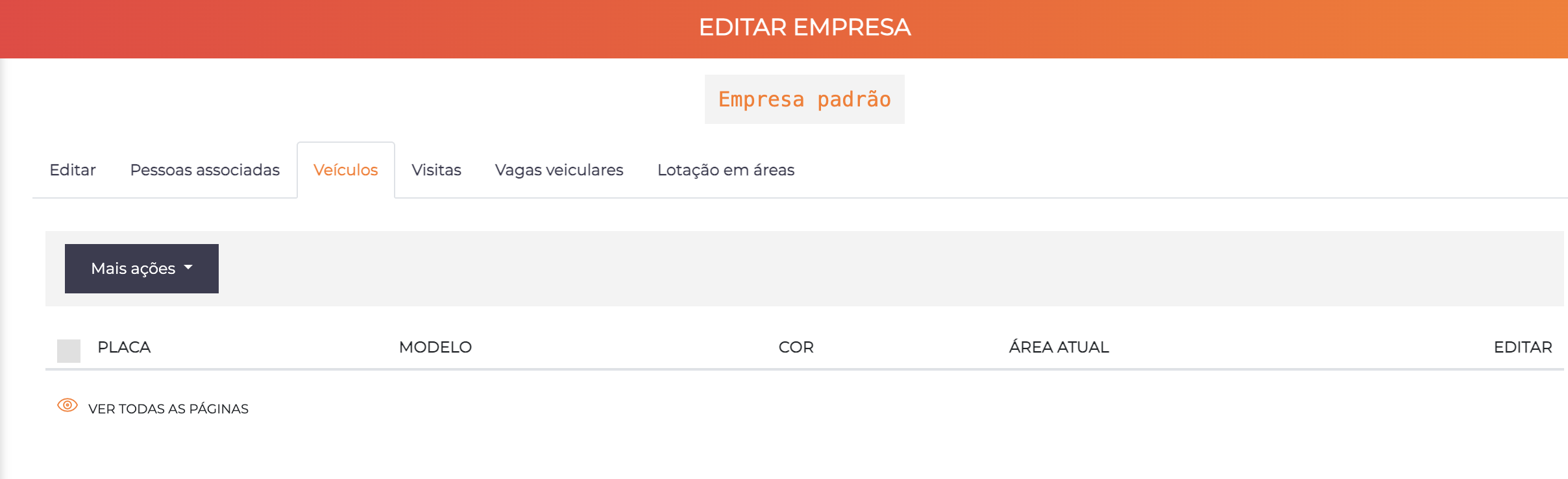 Tela de edição de empresa - aba Veículos