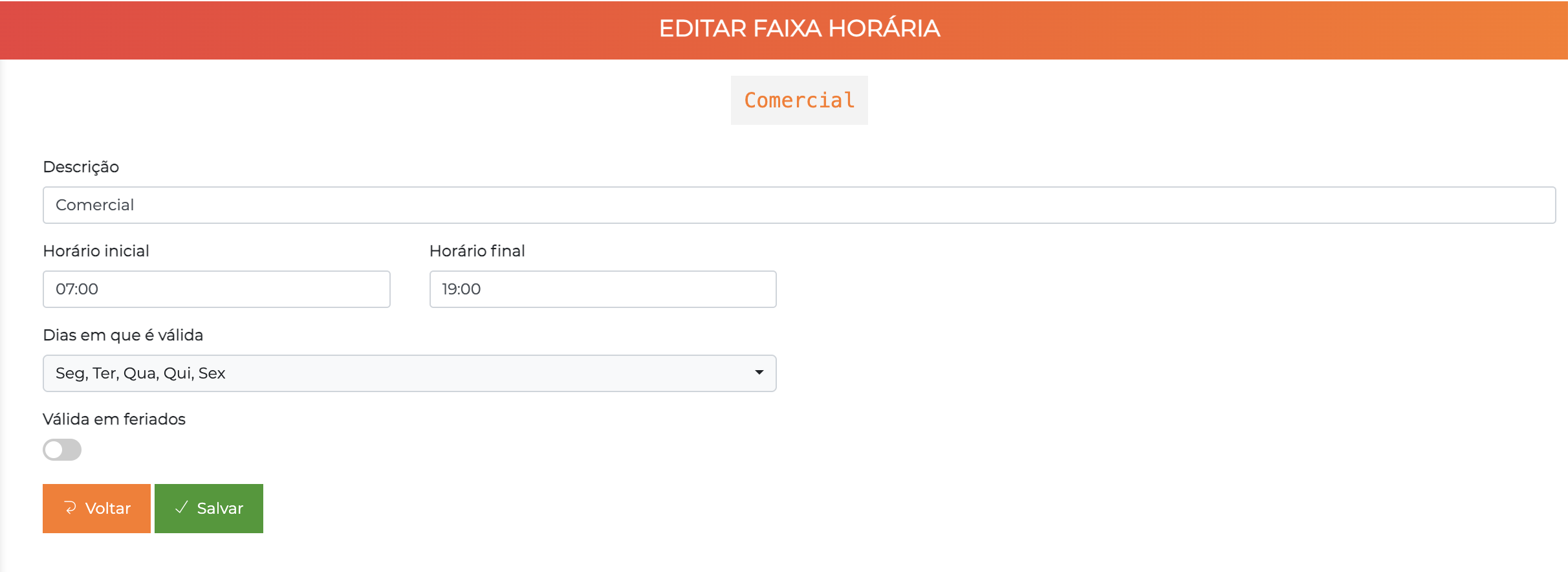 Tela de edição de faixa horária