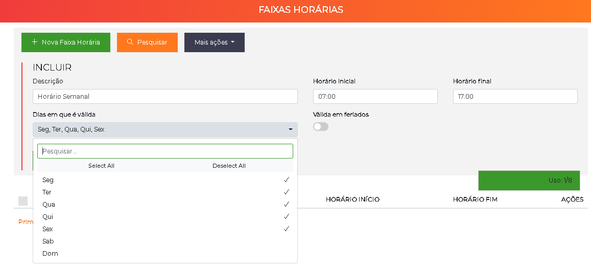 Formulário de inclusão de faixa horária
