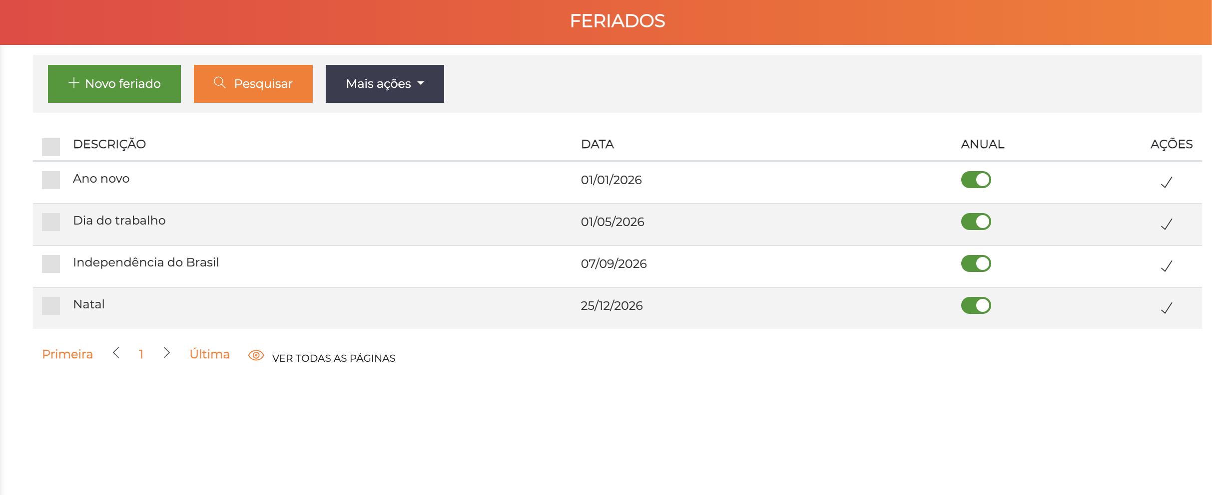 Tela de listagem de feriados
