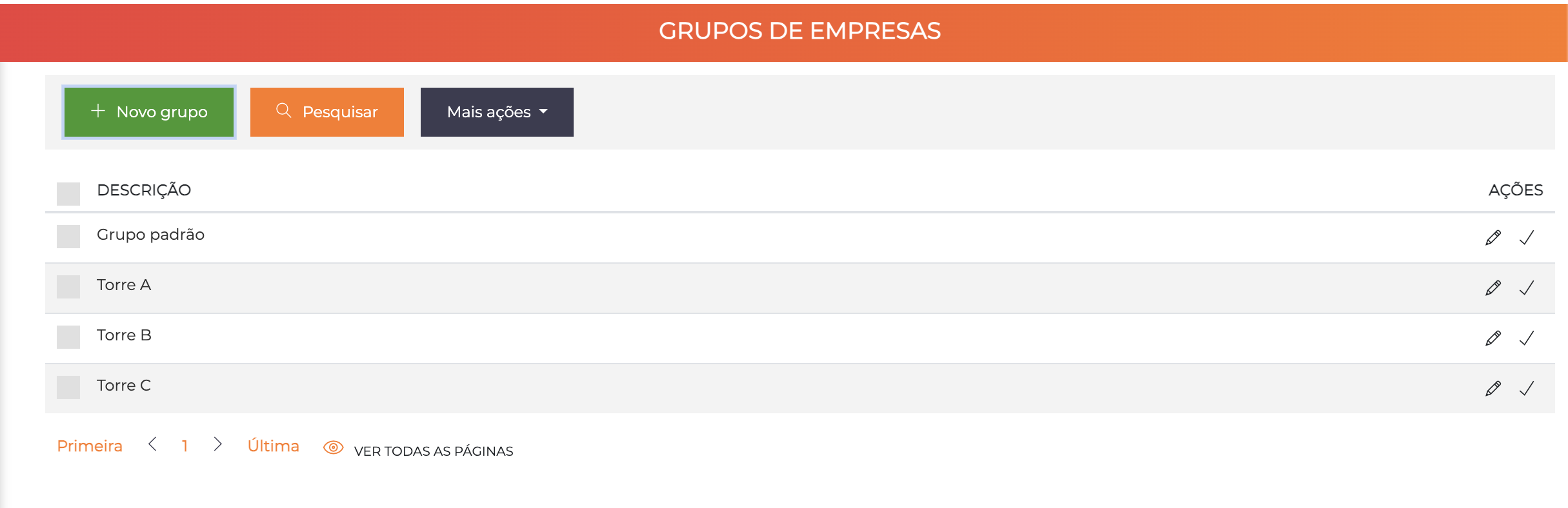 Tela de listagem de grupos de empresa