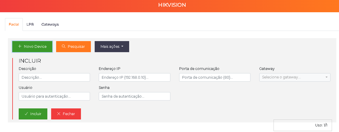 Inclusão de dispositivo facial Hikvision