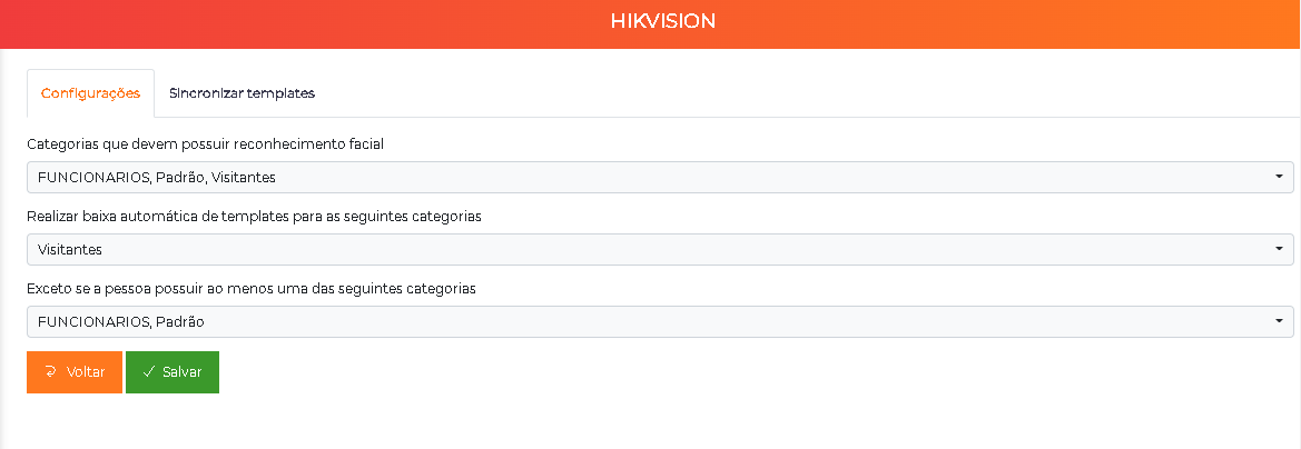 Parametrização de categorias da integração Hikvision