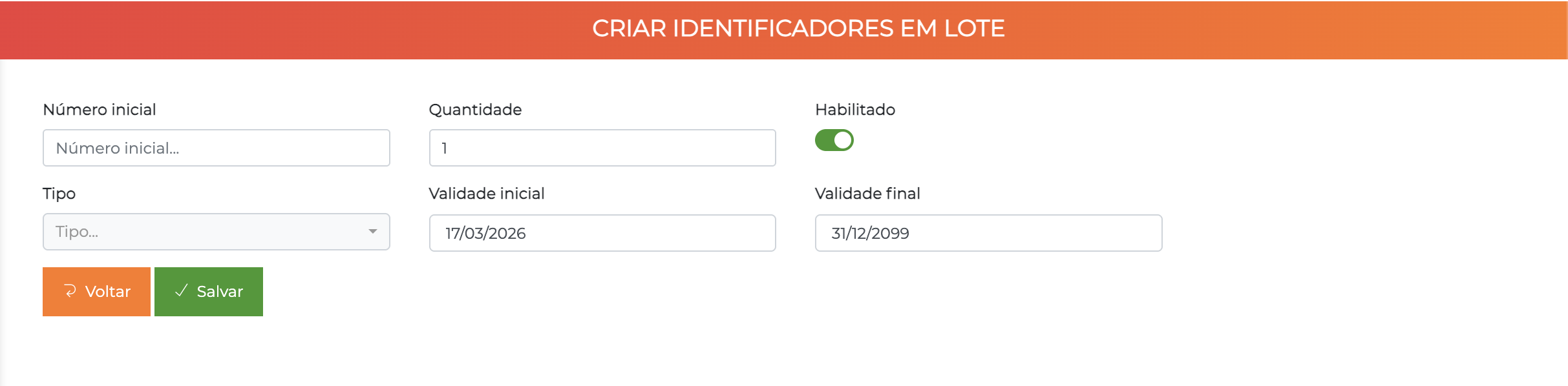 Tela de criação de identificadores
