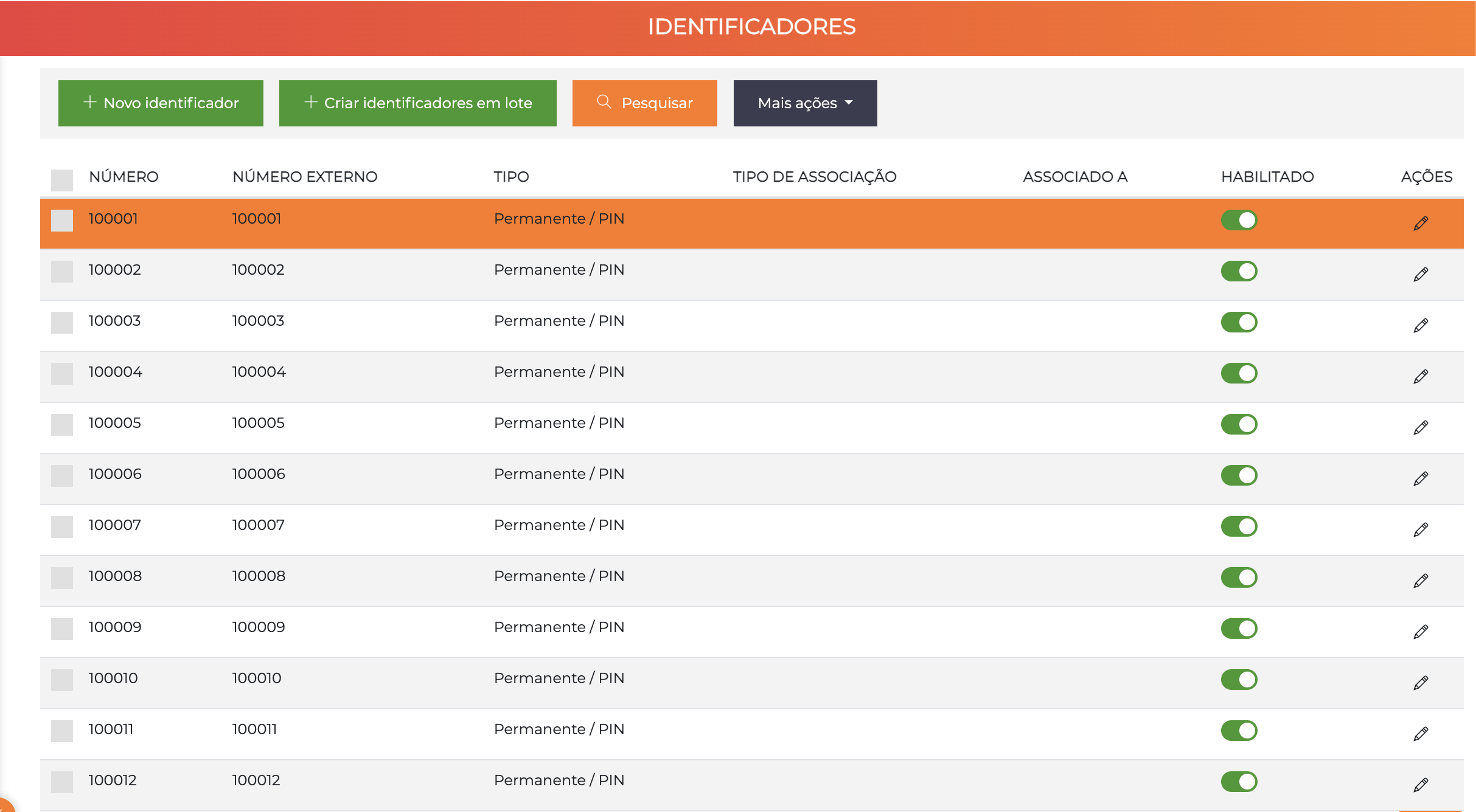 Tela de listagem de identificadores