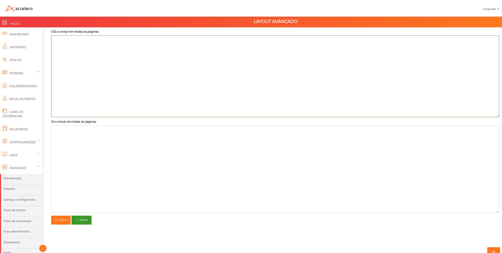 Tela Layout avançado com os editores de CSS e JS e o botão Salvar