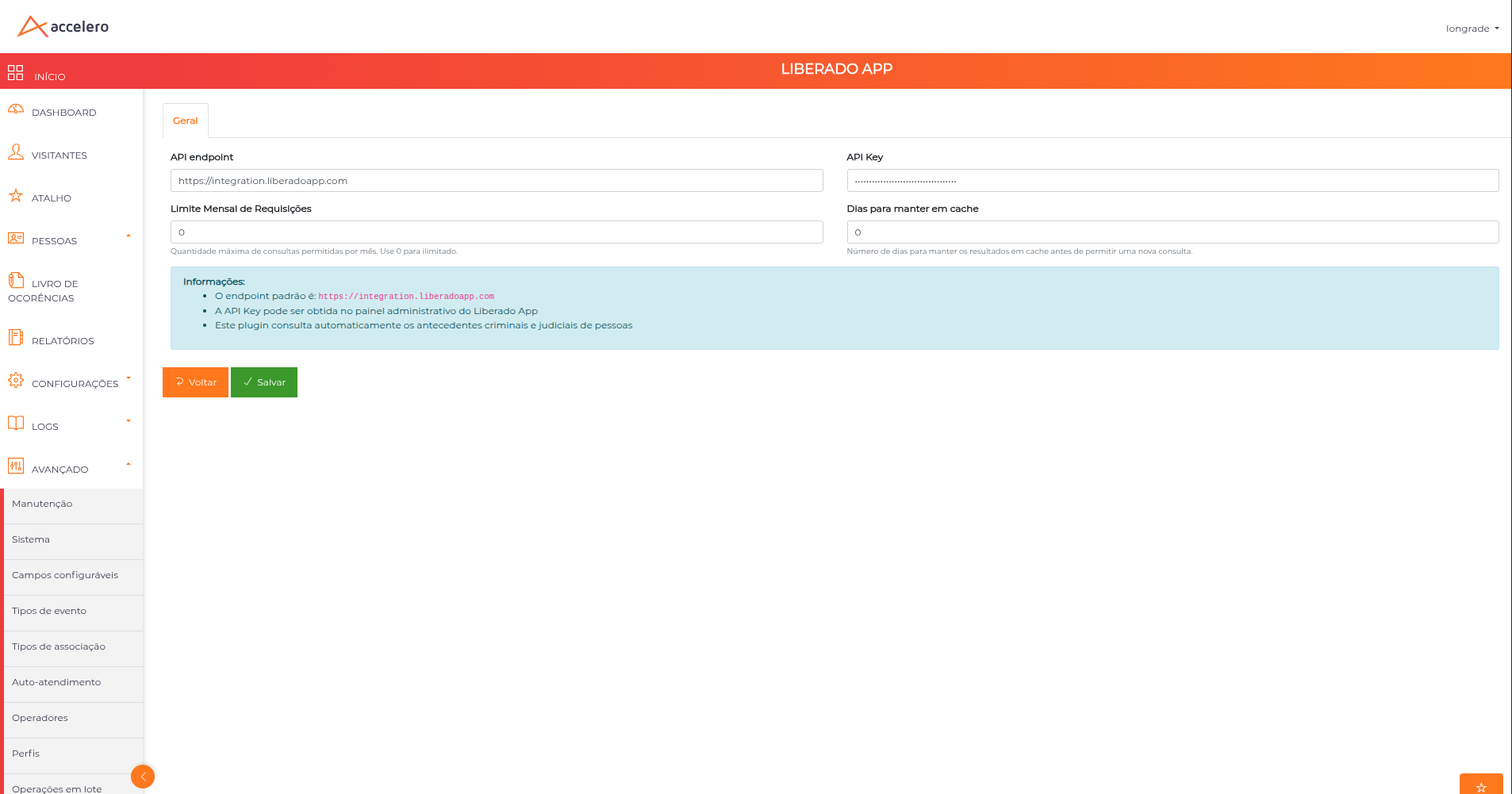 Tela de configuração do Liberado App: API endpoint, API Key, Limite Mensal de Requisições e Dias para manter em cache
