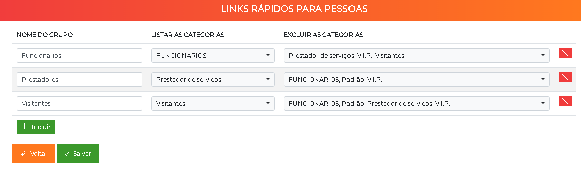 Tela de Links rápidos para pessoas