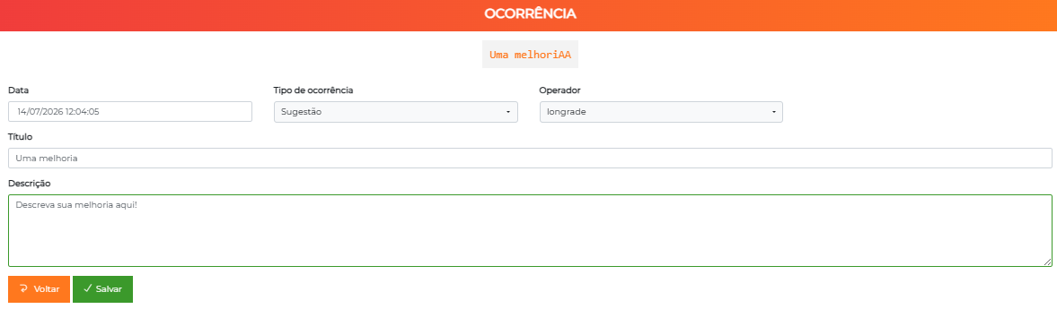 Tela de edição da ocorrência com os campos Data, Tipo de ocorrência, Operador, Título e Descrição