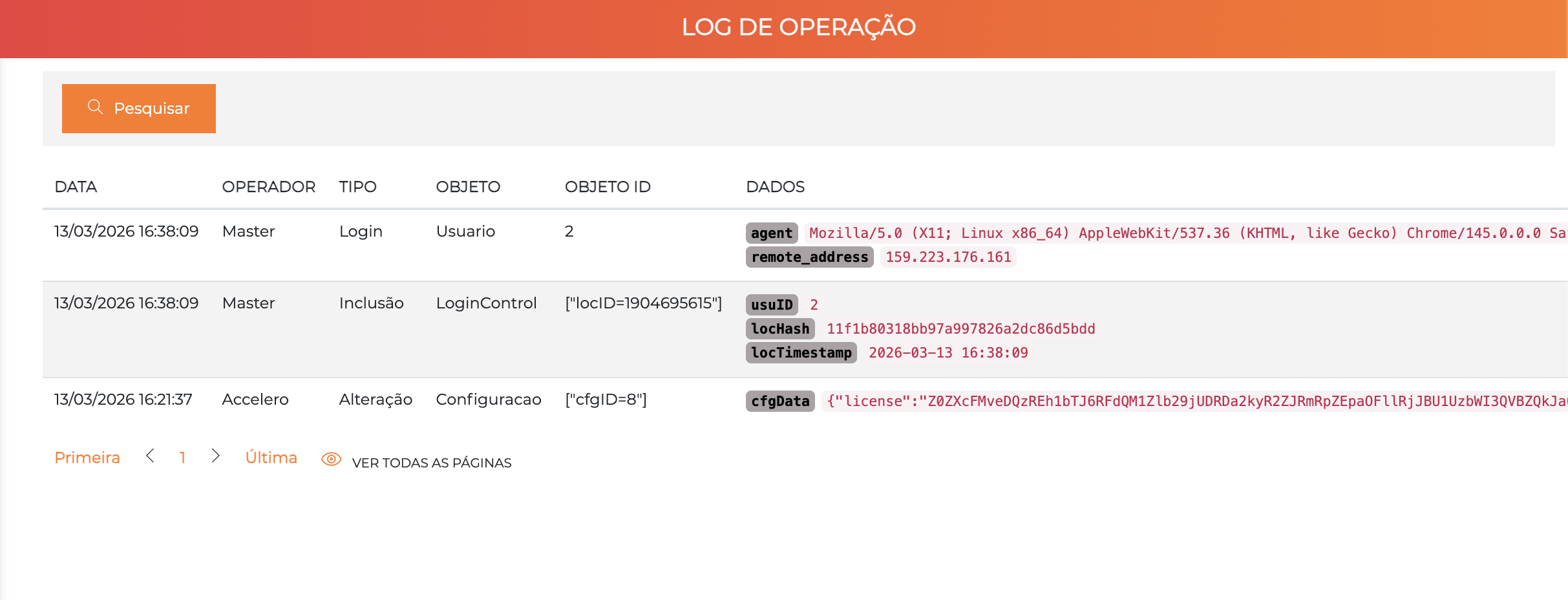 Tela Log de operação com as colunas Data, Operador, Tipo, Objeto, Objeto ID e Dados